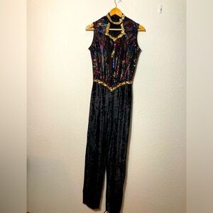 Colorifics black velvet jumpsuit with colorful sequins Medium choker neck